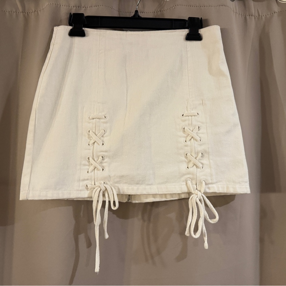 Honey Punch Denim White Lace-Up Skirt